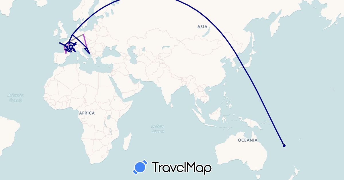 TravelMap itinerary: driving, bus, plane, train in Switzerland, Czech Republic, Germany, France, Croatia, Japan, New Caledonia, Netherlands (Asia, Europe, Oceania)